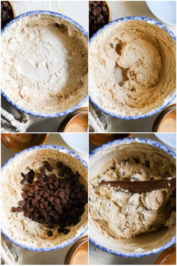 adding the flour and the chocolate chips to the batter