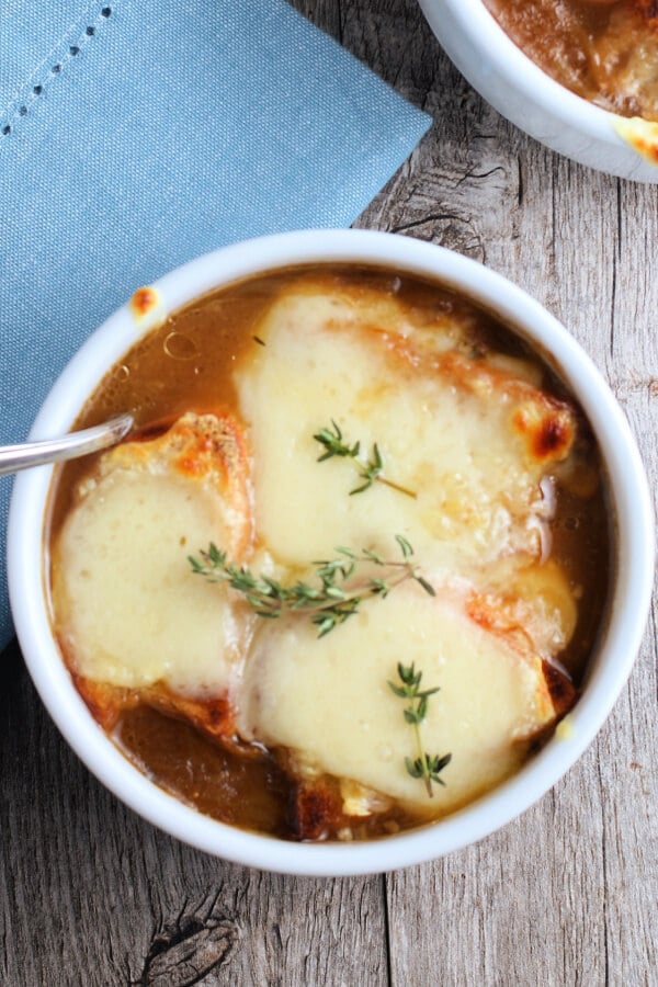 looking down into a bowl of finished french onion soup