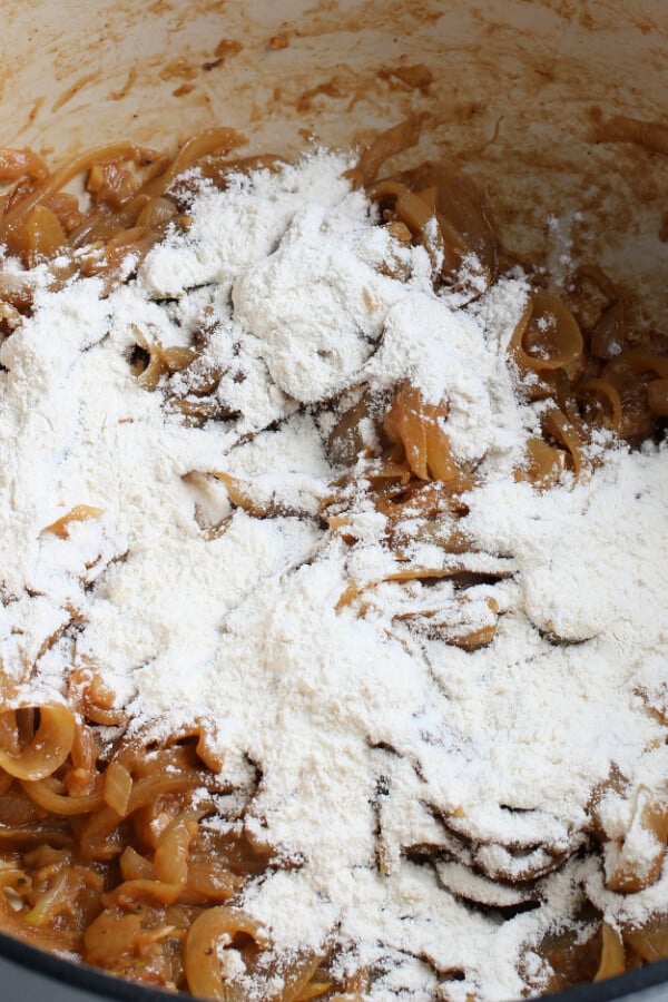 flour added to the caramelized onions