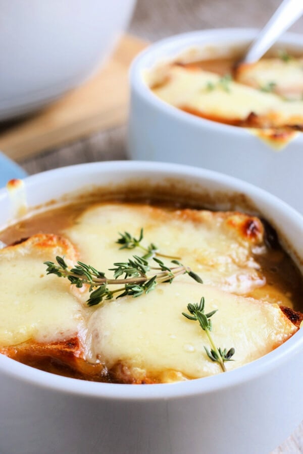 closeup of bowl of french onion soup