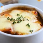 closeup of french onion soup in bowl
