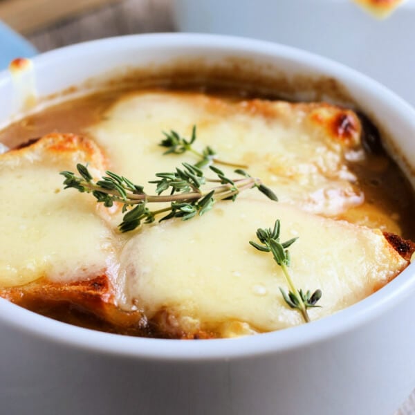 closeup of french onion soup in bowl