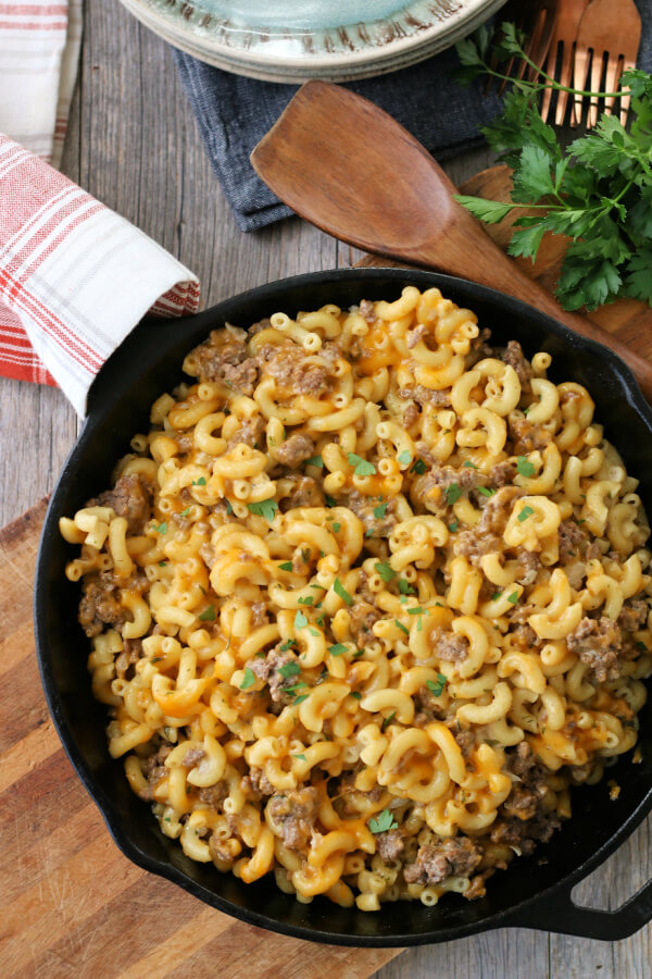 Homemade Hamburger Helper in cast iron skillet