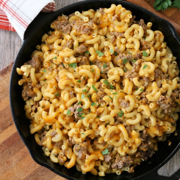 closeup of homemade hamburger helper in skillet