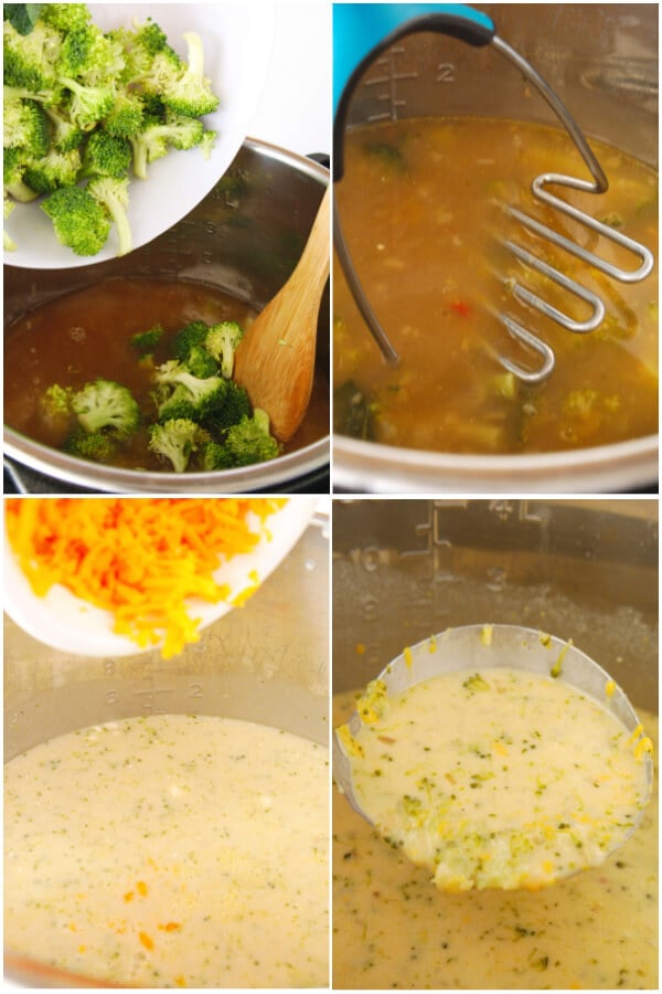 adding fresh broccoli, mashing it, adding cheese, and a ladle of soup