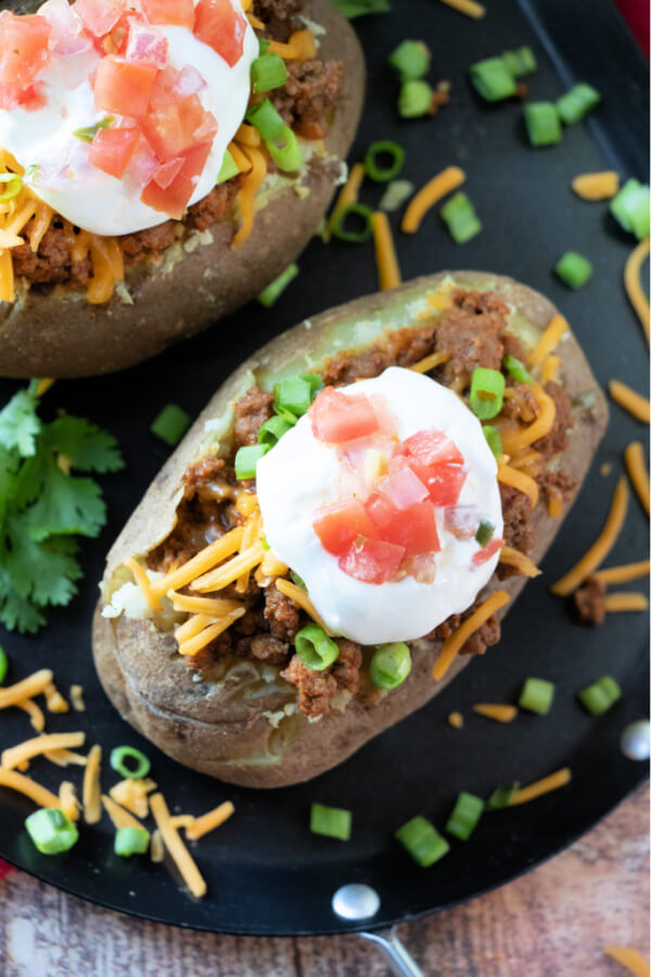 looking down onto a finished and topped potato taco