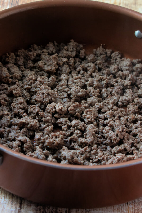 browned and crumbled ground beef in pan