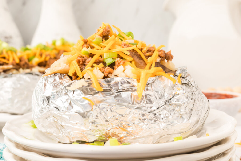 baked potato filled with taco toppings