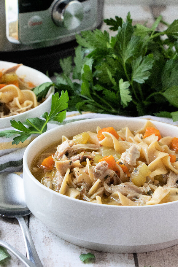 bowls of soup with herbs and pressure cooker in background