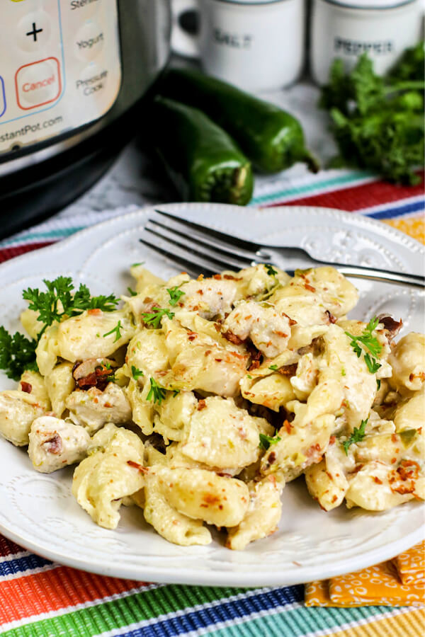 finished instant pot chicken jalapeno popper pasta on plate ready to eat