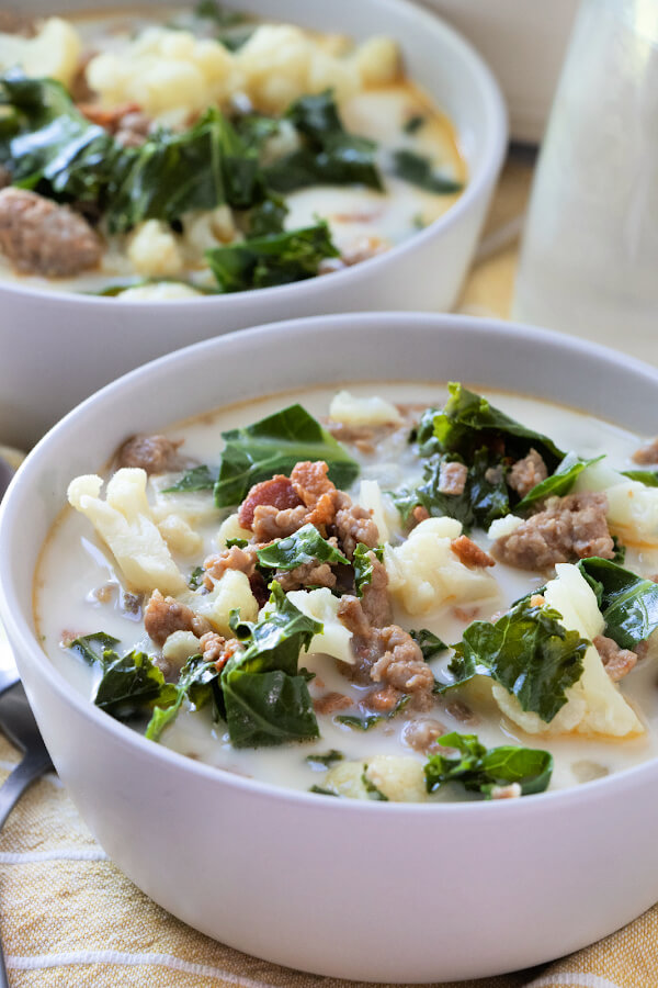 bowl of low carb zuppa toscana