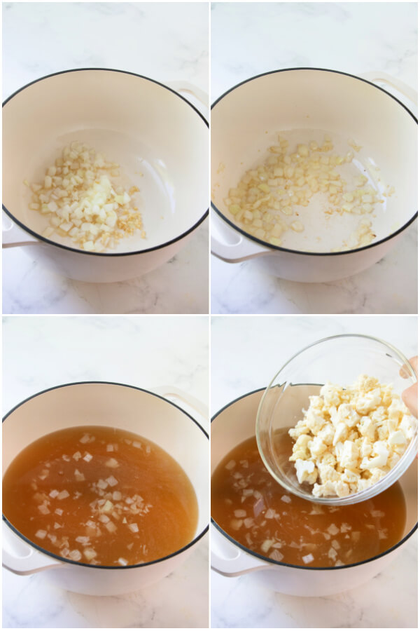 cooking the onions and adding broth and cauliflower