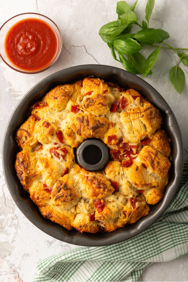 baked peppernoni pizza monkey bread in pan