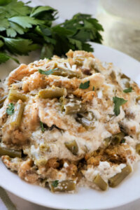 Slow Cooker Chicken Stuffing Green Bean Casserole - Love Bakes Good Cakes