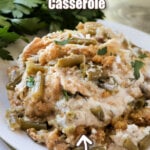 Slow Cooker Chicken Stuffing Green Bean Casserole is an easy weeknight meal the whole family will love! Tastes like Thanksgiving dinner!