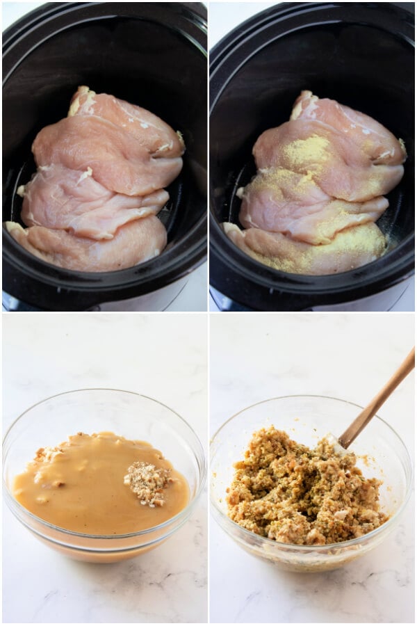 chicken in crock and making stuffing mixture