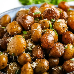 closeup of finished garlic parmesan potatoes