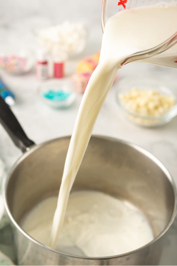 pouring milk into pan