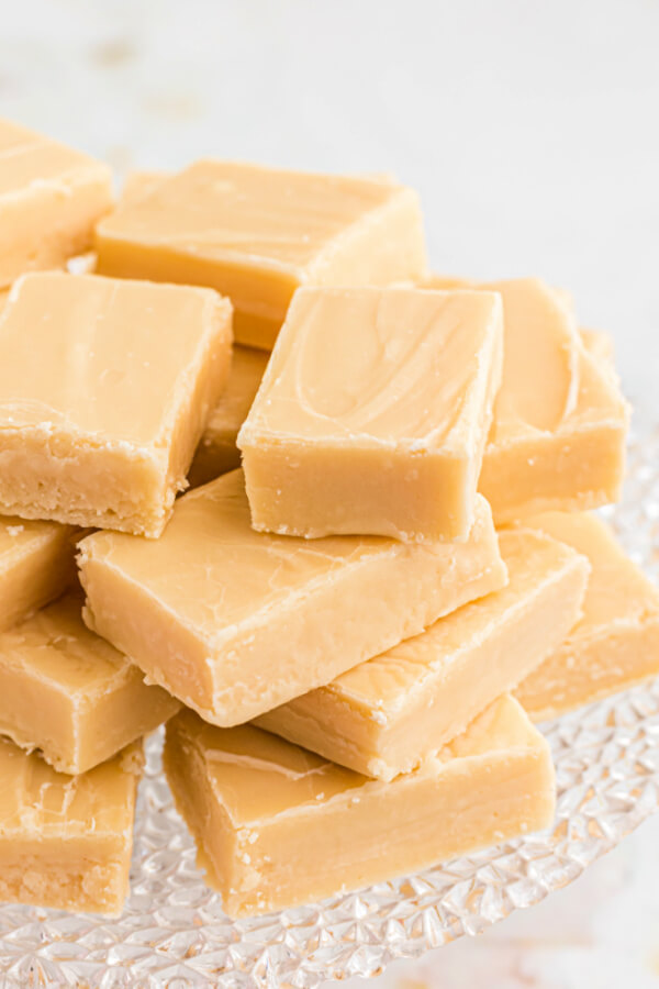 irish cream fudge stacked on cake stand