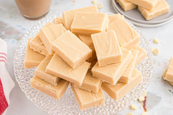 looking down onto fudge stacked on plate