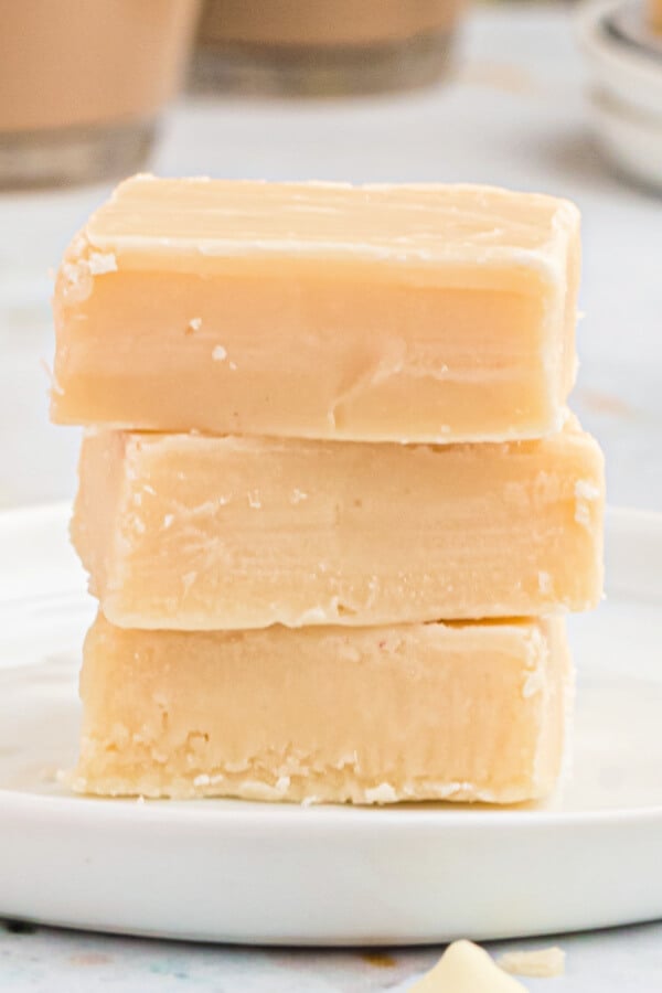 closeup of fudge stacked on plate