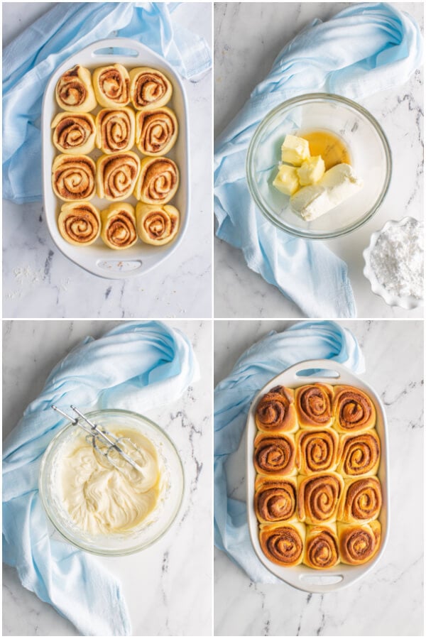 preparing the frosting and the rolls before and after being baked