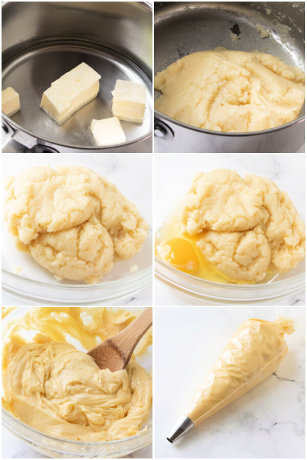 making the pâte à choux, which is made with eggs, flour, and butter.