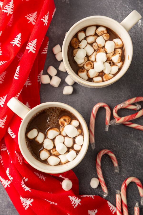 looking down into two mugs of hot chocolate