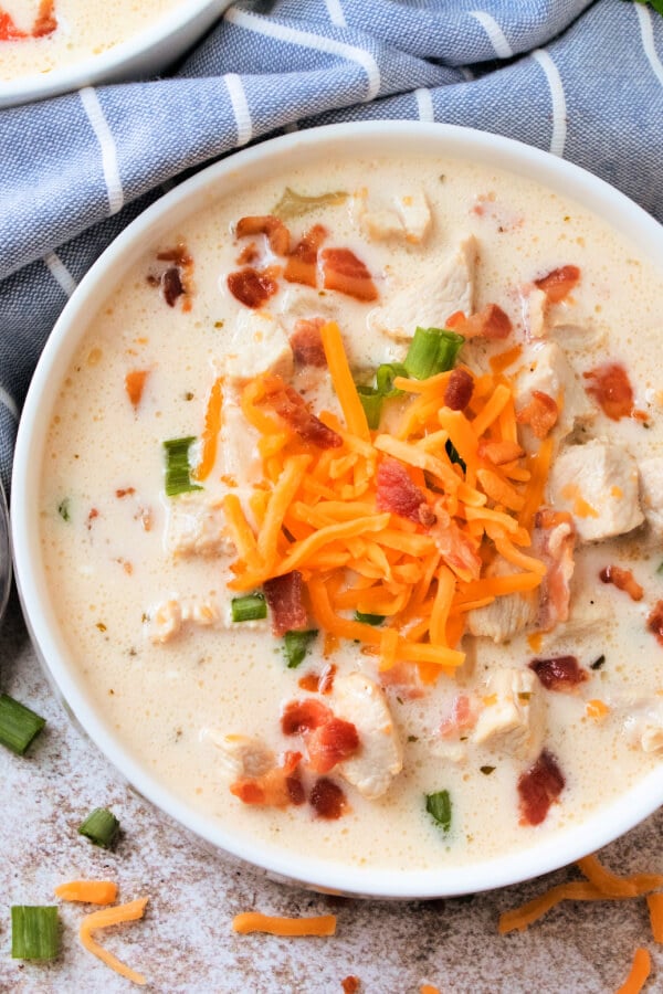 overhead closeup of bowl of chicken bacon ranch soup