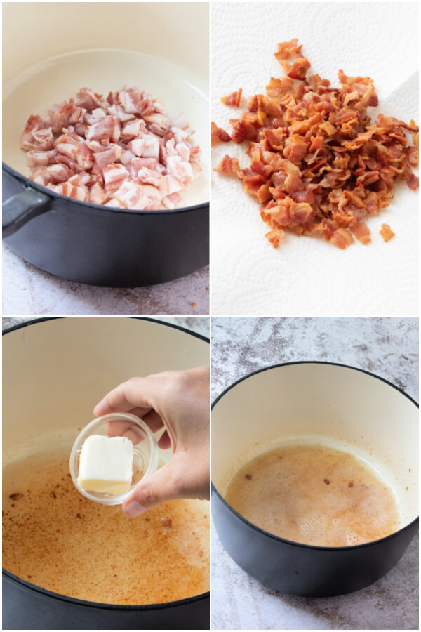 preparing the bacon and adding butter to the pan