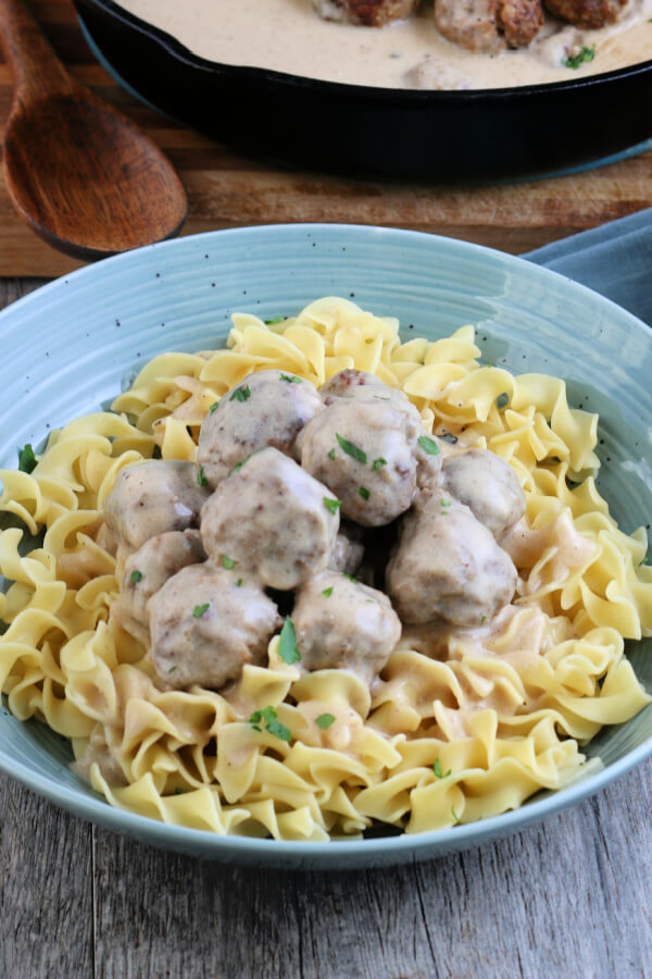 bowl of noodles with Swedish meatballs on top