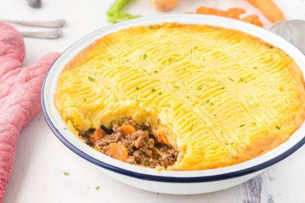 shepherd's pie with scoop taken out to show the inside