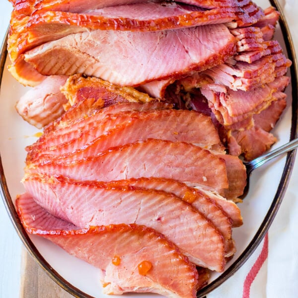 closeup of finished ham recipe with ham glaze