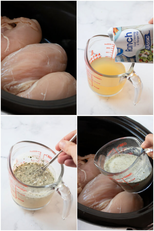 chicken in slow cooker with seasoning and broth