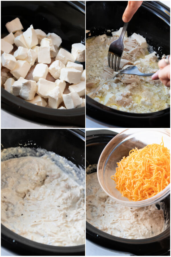 shredding chicken, adding cream cheese, and cheddar cheese