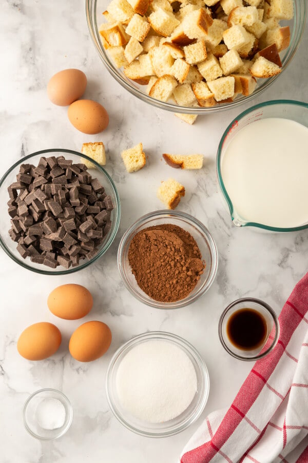 ingredients to make chocolate bread pudding