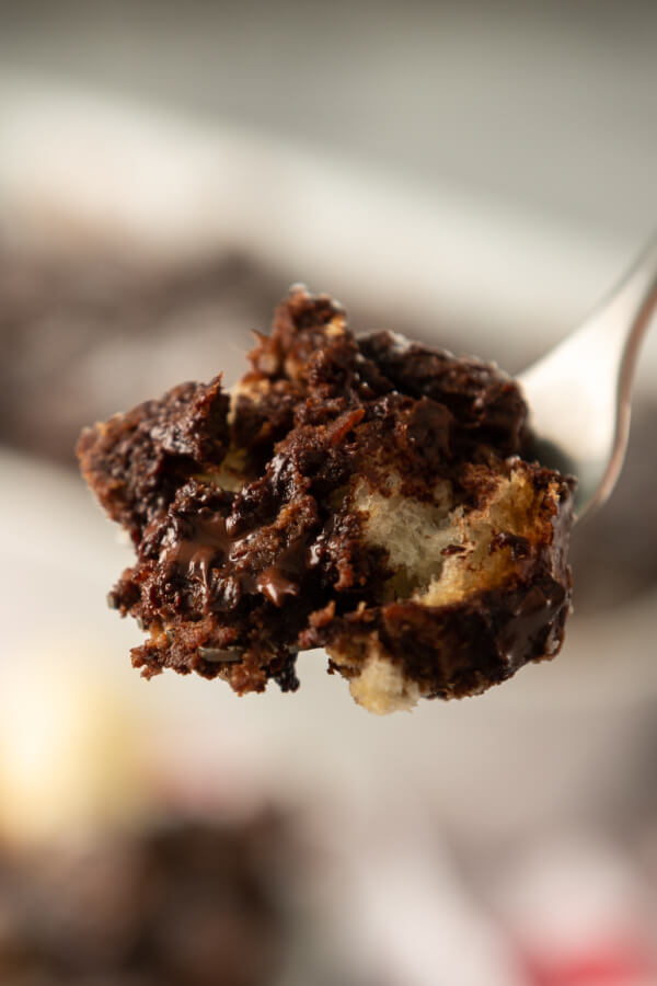 bite of chocolate bread pudding on a fork