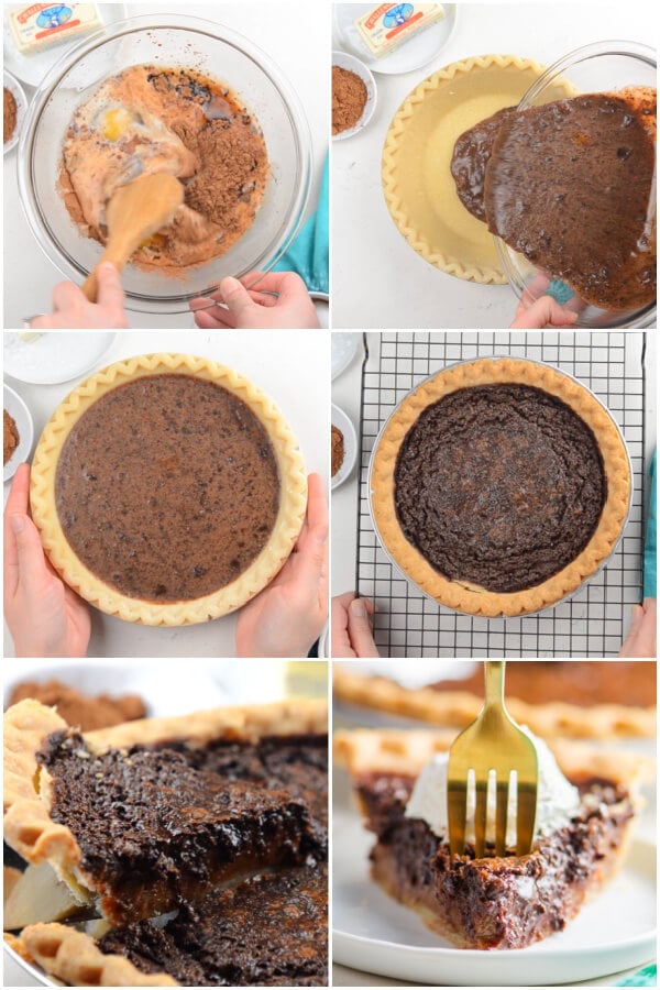 mixing the filling and pouring it into the pie crust, removing a slice of pie and a fork taking a bite off the finished slice