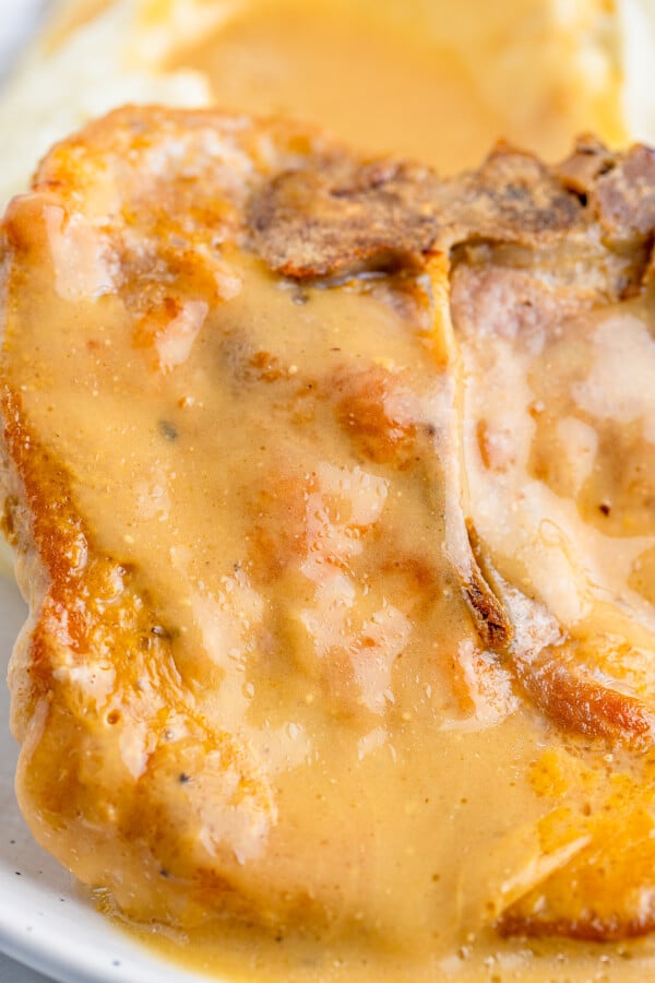 closeup of baked pork chop in gravy