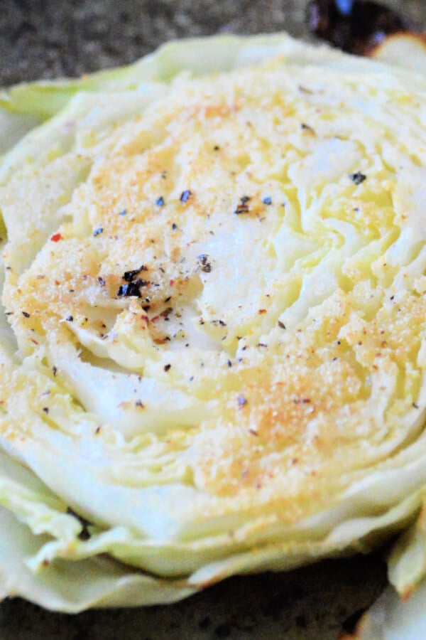 closeup of a slice of cabbage after being roasted
