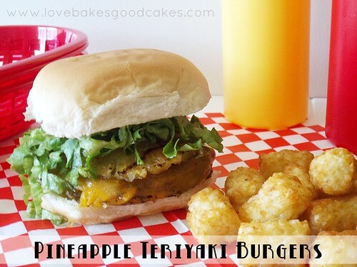 Pineapple teriyaki burger with tater tots.