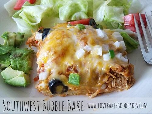 A piece of southwest bubble bake on a plate with a side salad.