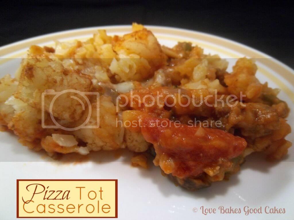 Pizza Tot Casserole on a white plate, close up.