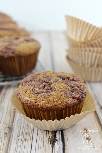 Cinnamon Applesauce Crunch Muffin close up in a wrapper.