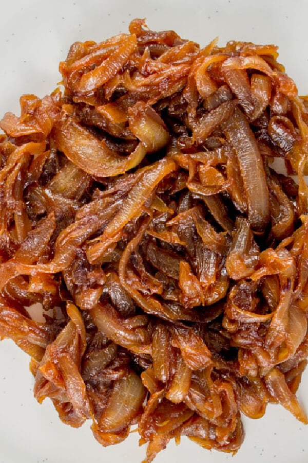 closeup of caramelized onions on a plate