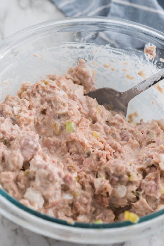 tuna salad in bowl after being mixed
