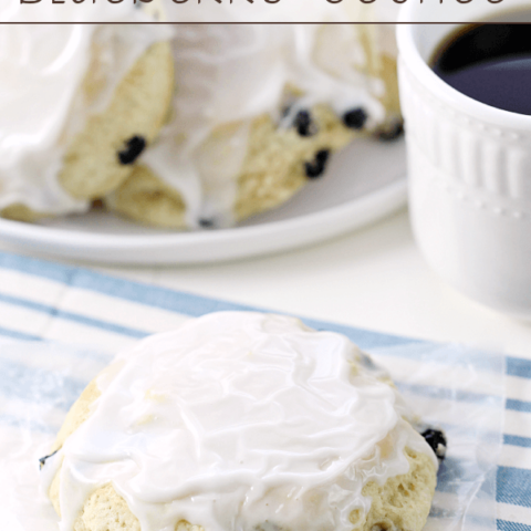 Iced Blueberry Scones on a white plate.