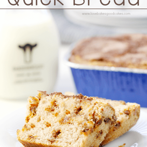 Snickerdoodle Quick Bread stacked on a white plate.