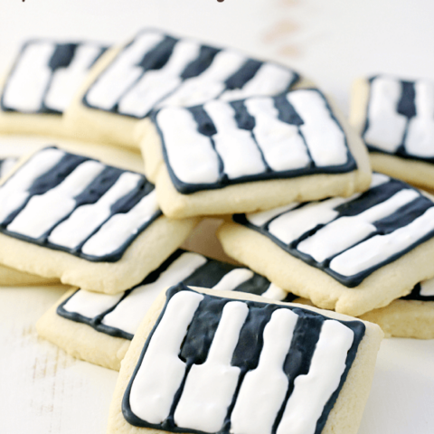 Schroeder's Piano Key Cookies stacked up on a cutting board.