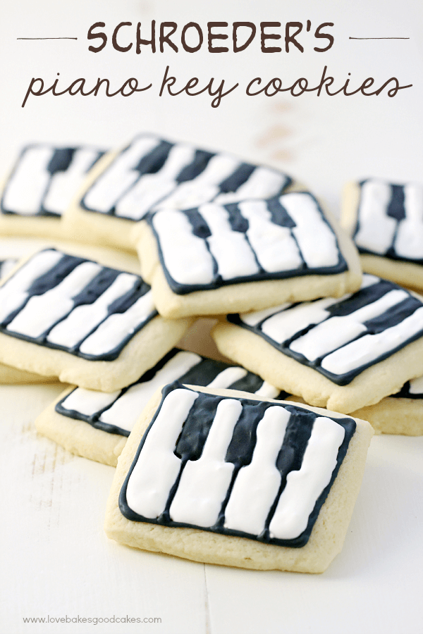 Schroeder's Piano Key Cookies stacked up on a cutting board.